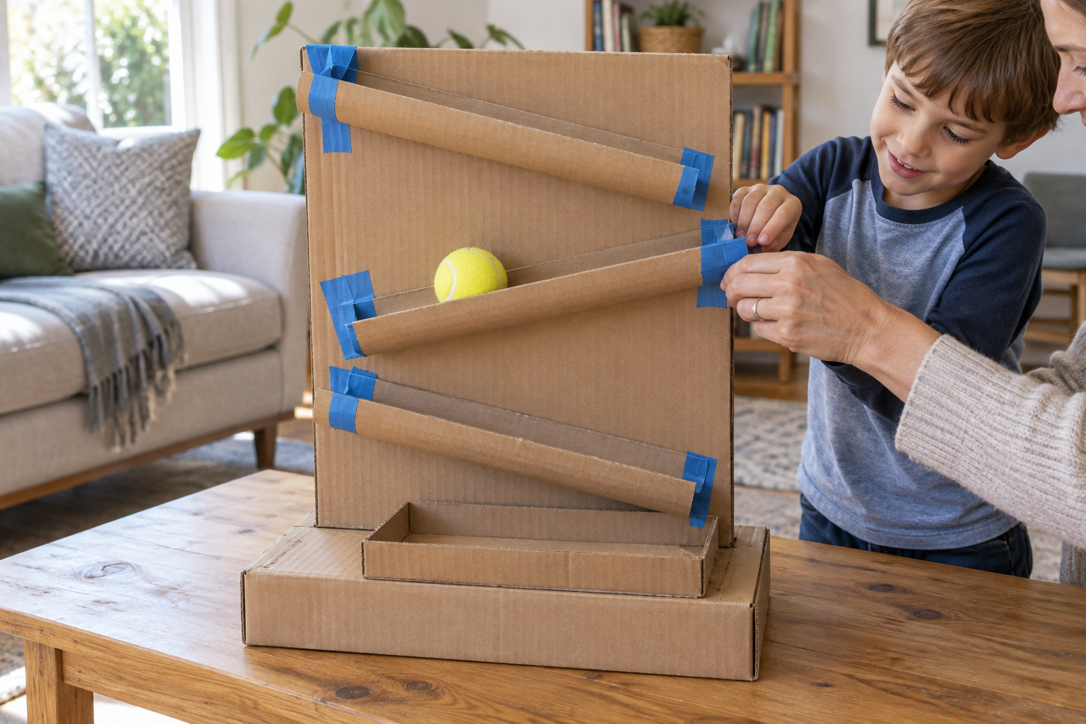A child and an adult adjusting taped cardboard channels on a homemade run for a large yellow ball.
