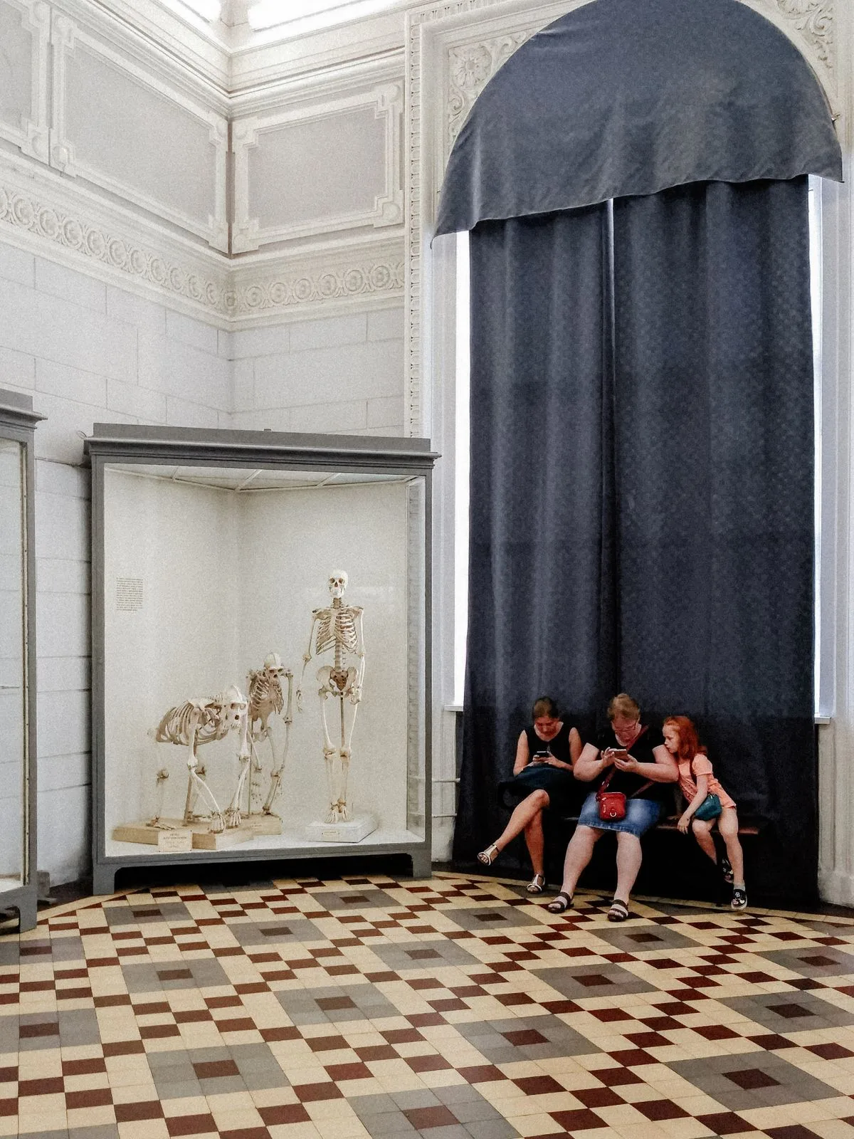 Family sitting on a bench beside skeleton exhibits in a Sankt-Peterburg museum.